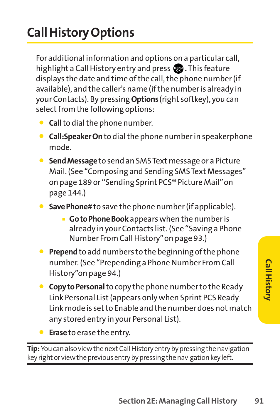 Call history options, Call history | Sprint Nextel PCSVISIONPHONE SCP-3100 User Manual | Page 107 / 270