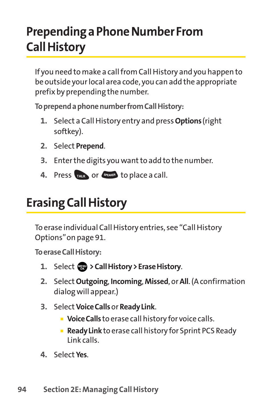 Prepending a phone number from call history, Erasing call history | Sprint Nextel PCSVISIONPHONE SCP-3100 User Manual | Page 110 / 270