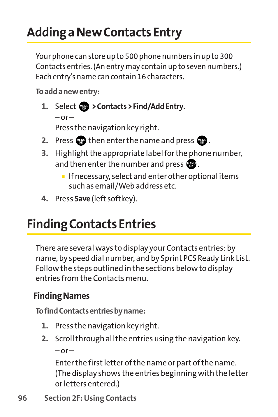 Adding a new contacts entry, Finding contacts entries | Sprint Nextel PCSVISIONPHONE SCP-3100 User Manual | Page 112 / 270