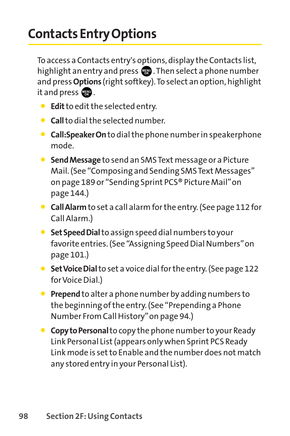 Contacts entry options | Sprint Nextel PCSVISIONPHONE SCP-3100 User Manual | Page 114 / 270