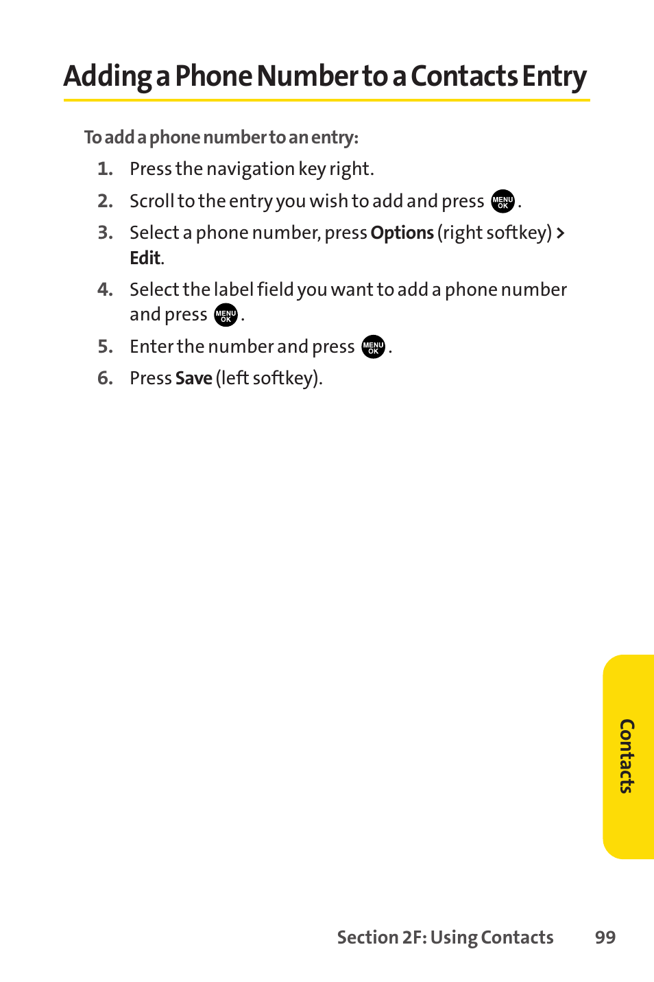 Adding a phone number to a contacts entry | Sprint Nextel PCSVISIONPHONE SCP-3100 User Manual | Page 115 / 270