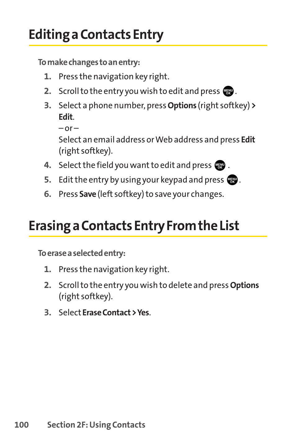 Editing a contacts entry, Erasing a contacts entry from the list | Sprint Nextel PCSVISIONPHONE SCP-3100 User Manual | Page 116 / 270
