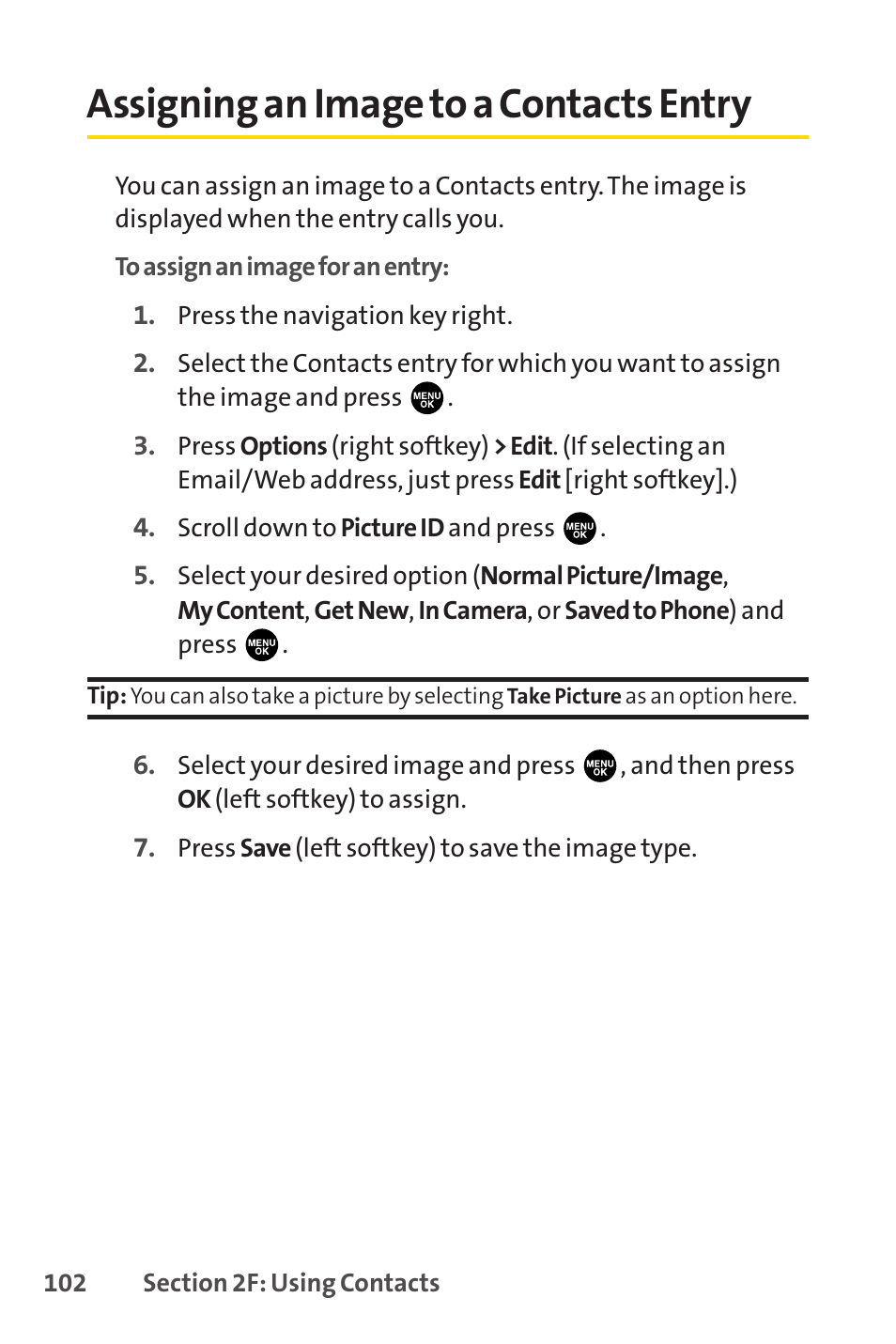 Assigning an image to a contacts entry | Sprint Nextel PCSVISIONPHONE SCP-3100 User Manual | Page 118 / 270