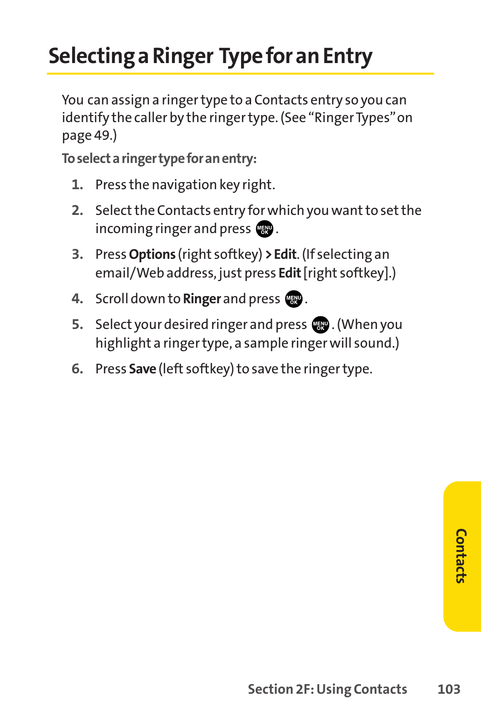Selecting a ringer type for an entry | Sprint Nextel PCSVISIONPHONE SCP-3100 User Manual | Page 119 / 270