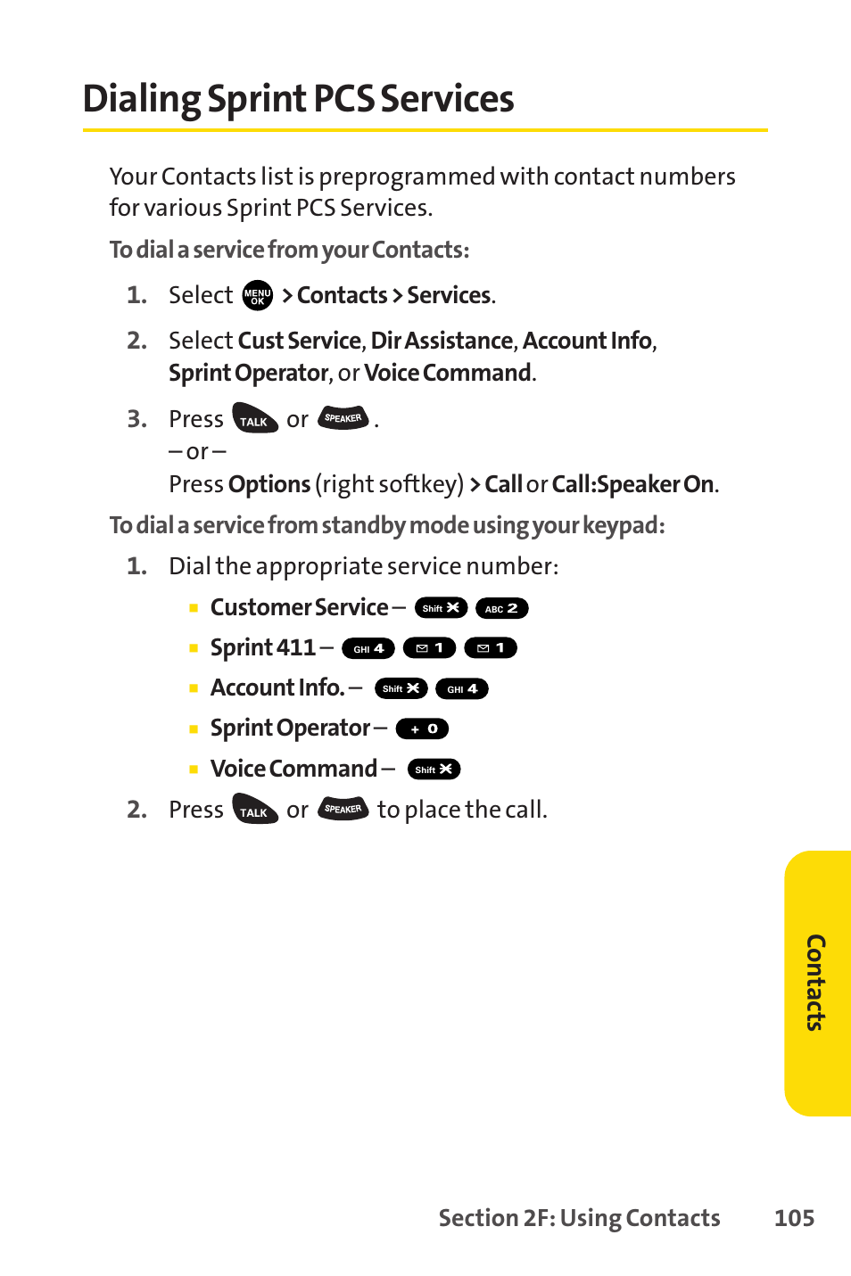 Dialing sprint pcs services, Co n tac ts | Sprint Nextel PCSVISIONPHONE SCP-3100 User Manual | Page 121 / 270