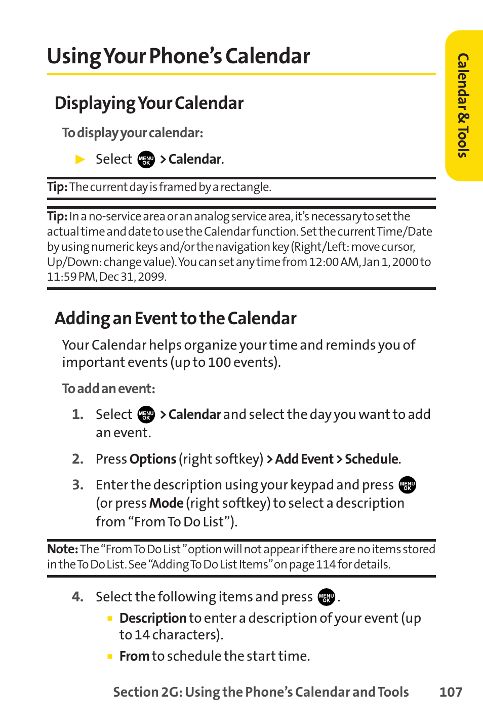 Using your phone’s calendar, Displaying your calendar, Adding an event to the calendar | Sprint Nextel PCSVISIONPHONE SCP-3100 User Manual | Page 123 / 270