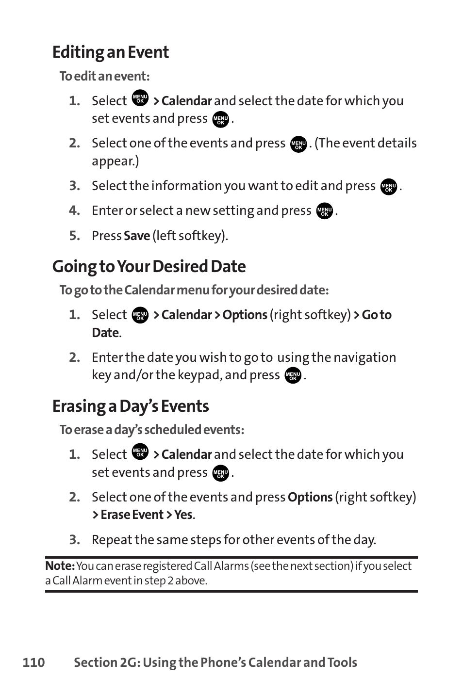 Editing an event, Going to your desired date, Erasing a day’s events | Sprint Nextel PCSVISIONPHONE SCP-3100 User Manual | Page 126 / 270