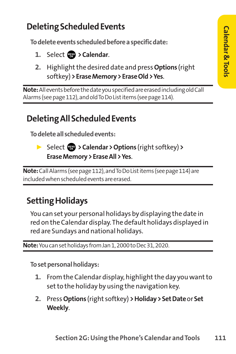 Deleting scheduled events, Deleting all scheduled events, Setting holidays | Sprint Nextel PCSVISIONPHONE SCP-3100 User Manual | Page 127 / 270