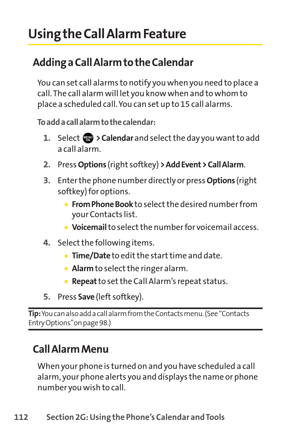 Using the call alarm feature, Adding a call alarm to the calendar, Call alarm menu | Sprint Nextel PCSVISIONPHONE SCP-3100 User Manual | Page 128 / 270