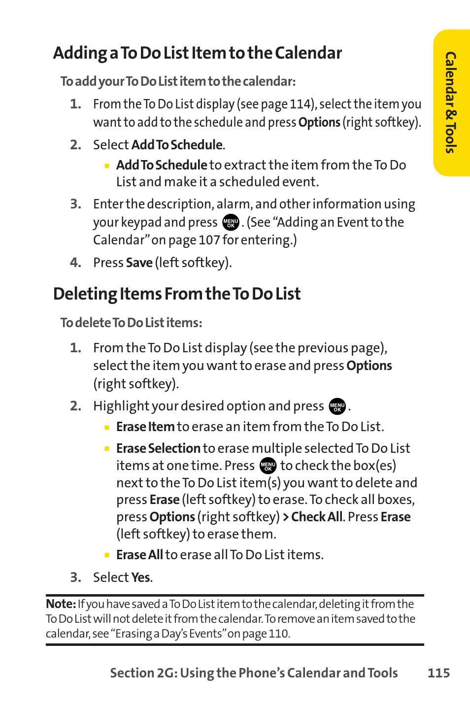 Adding a to do list item to the calendar, Deleting items from the to do list | Sprint Nextel PCSVISIONPHONE SCP-3100 User Manual | Page 131 / 270