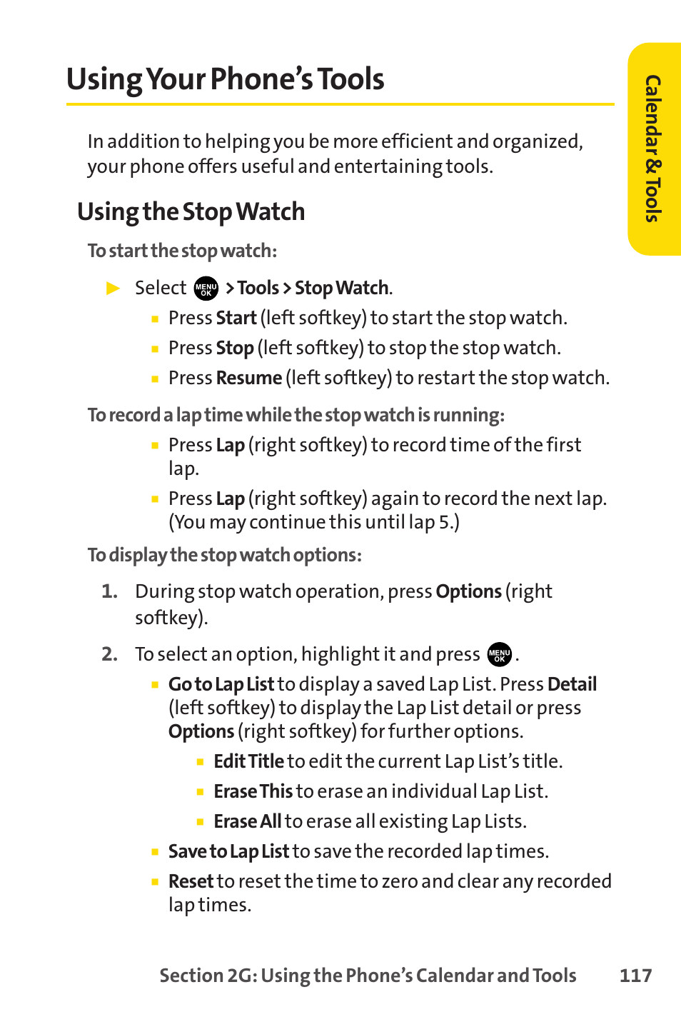 Using your phone’s tools, Using the stop watch, Calendar & to ols | Sprint Nextel PCSVISIONPHONE SCP-3100 User Manual | Page 133 / 270