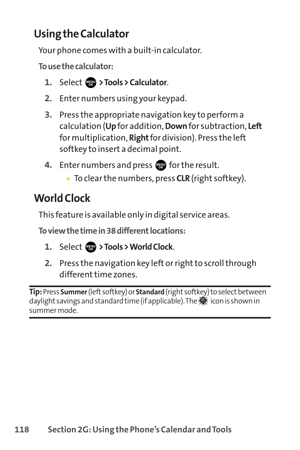 Using the calculator, World clock | Sprint Nextel PCSVISIONPHONE SCP-3100 User Manual | Page 134 / 270