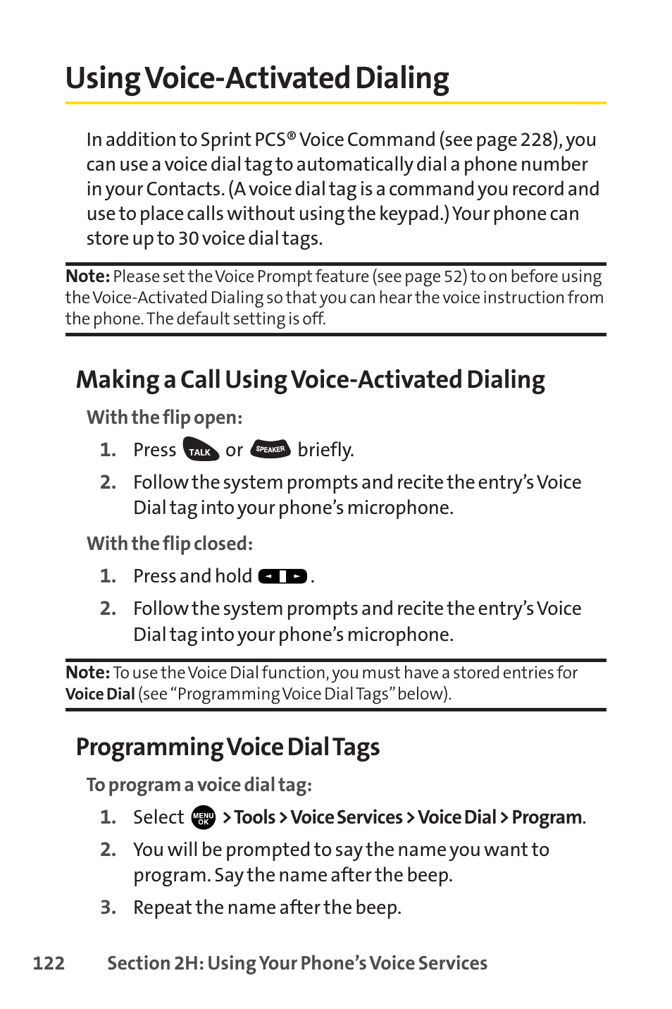 Using voice-activated dialing, Making a call using voice-activated dialing, Programming voice dial tags | Sprint Nextel PCSVISIONPHONE SCP-3100 User Manual | Page 138 / 270