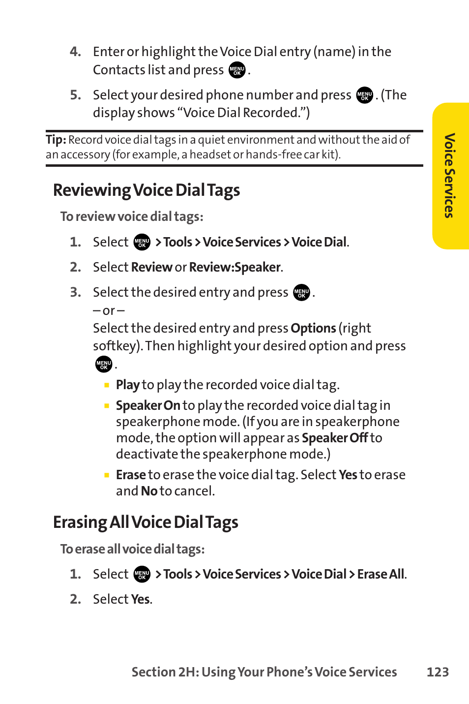 Reviewing voice dial tags, Erasing all voice dial tags | Sprint Nextel PCSVISIONPHONE SCP-3100 User Manual | Page 139 / 270