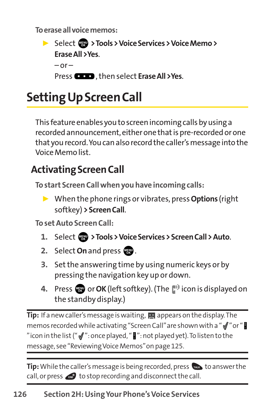 Setting up screen call, Activating screen call | Sprint Nextel PCSVISIONPHONE SCP-3100 User Manual | Page 142 / 270