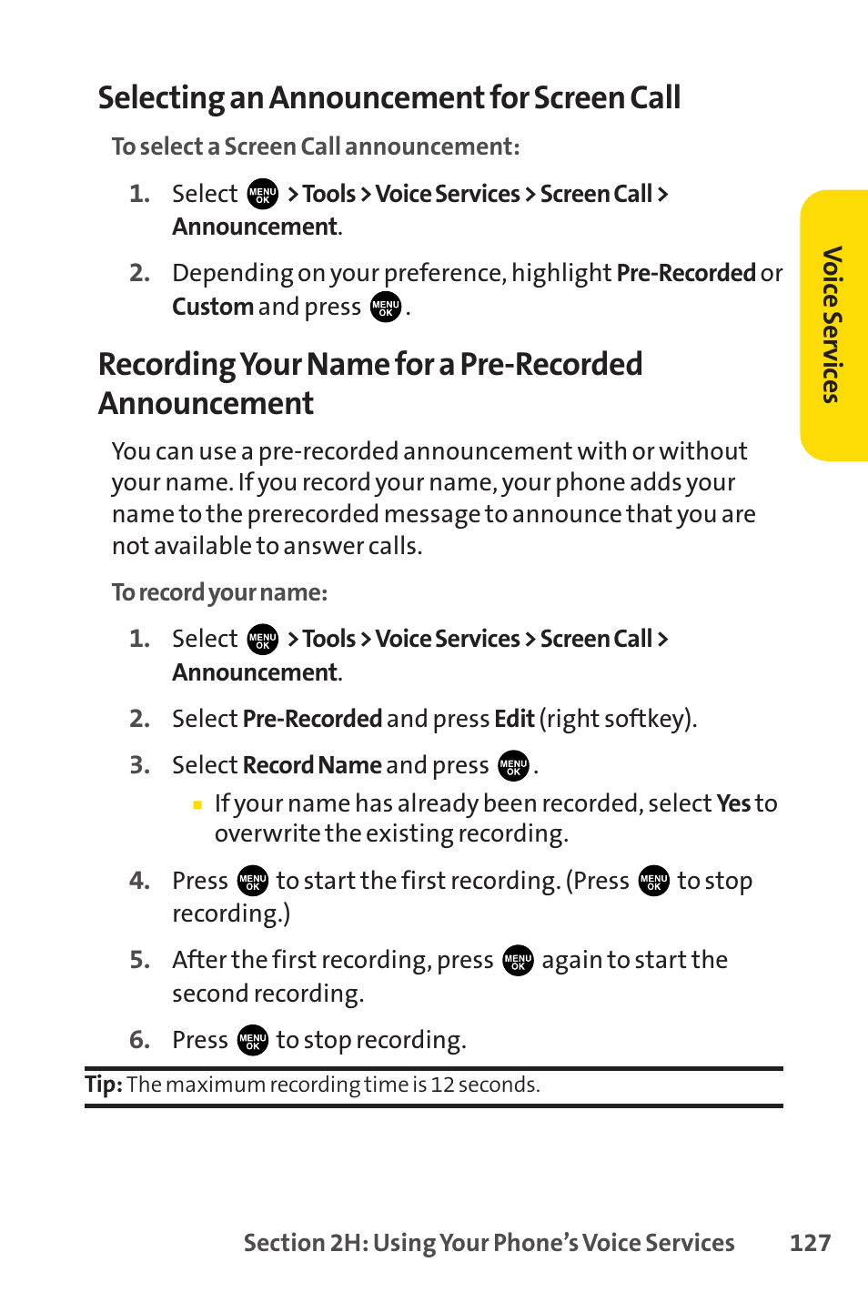 Selecting an announcement for screen call | Sprint Nextel PCSVISIONPHONE SCP-3100 User Manual | Page 143 / 270