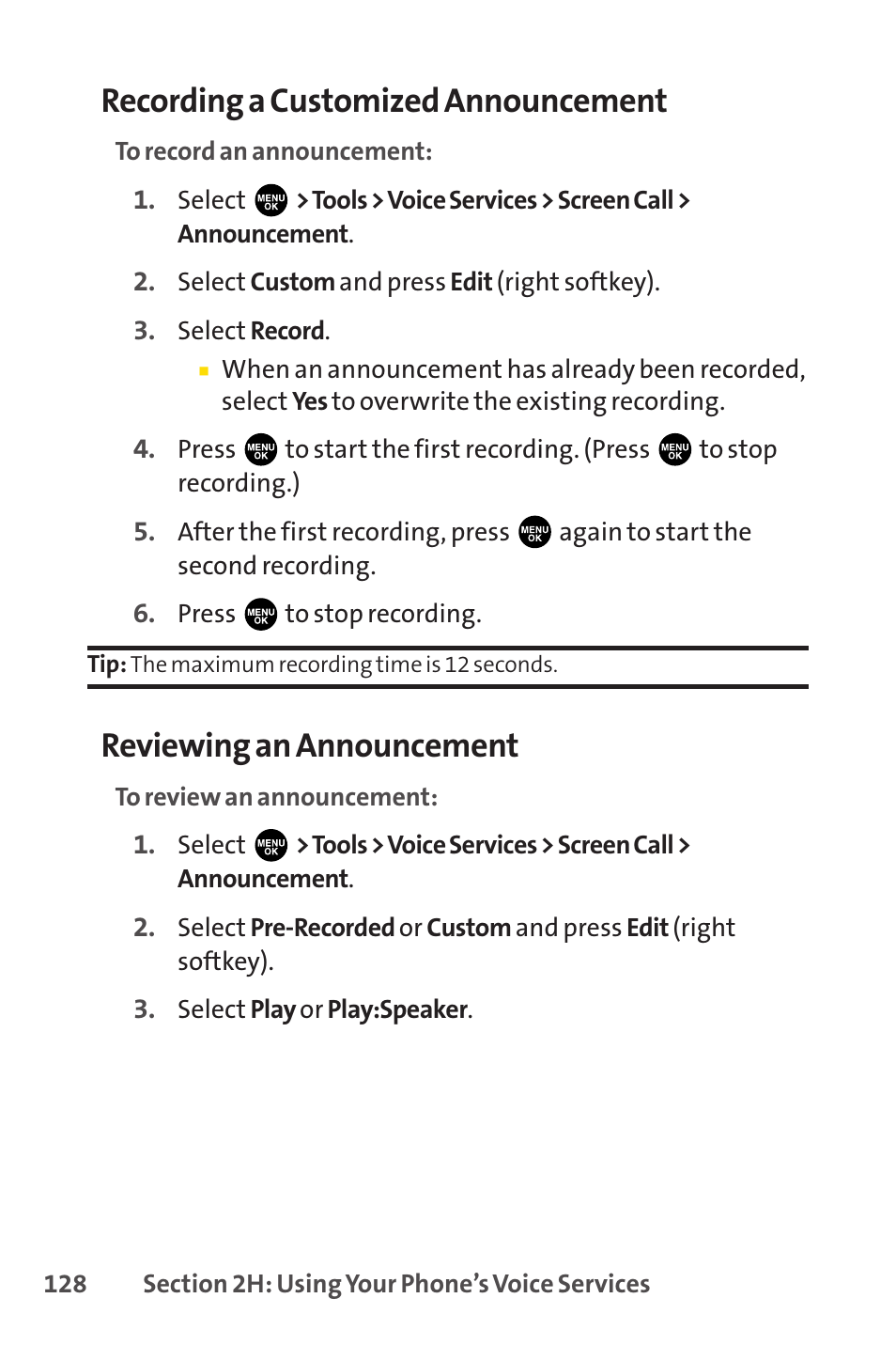 Recording a customized announcement, Reviewing an announcement | Sprint Nextel PCSVISIONPHONE SCP-3100 User Manual | Page 144 / 270