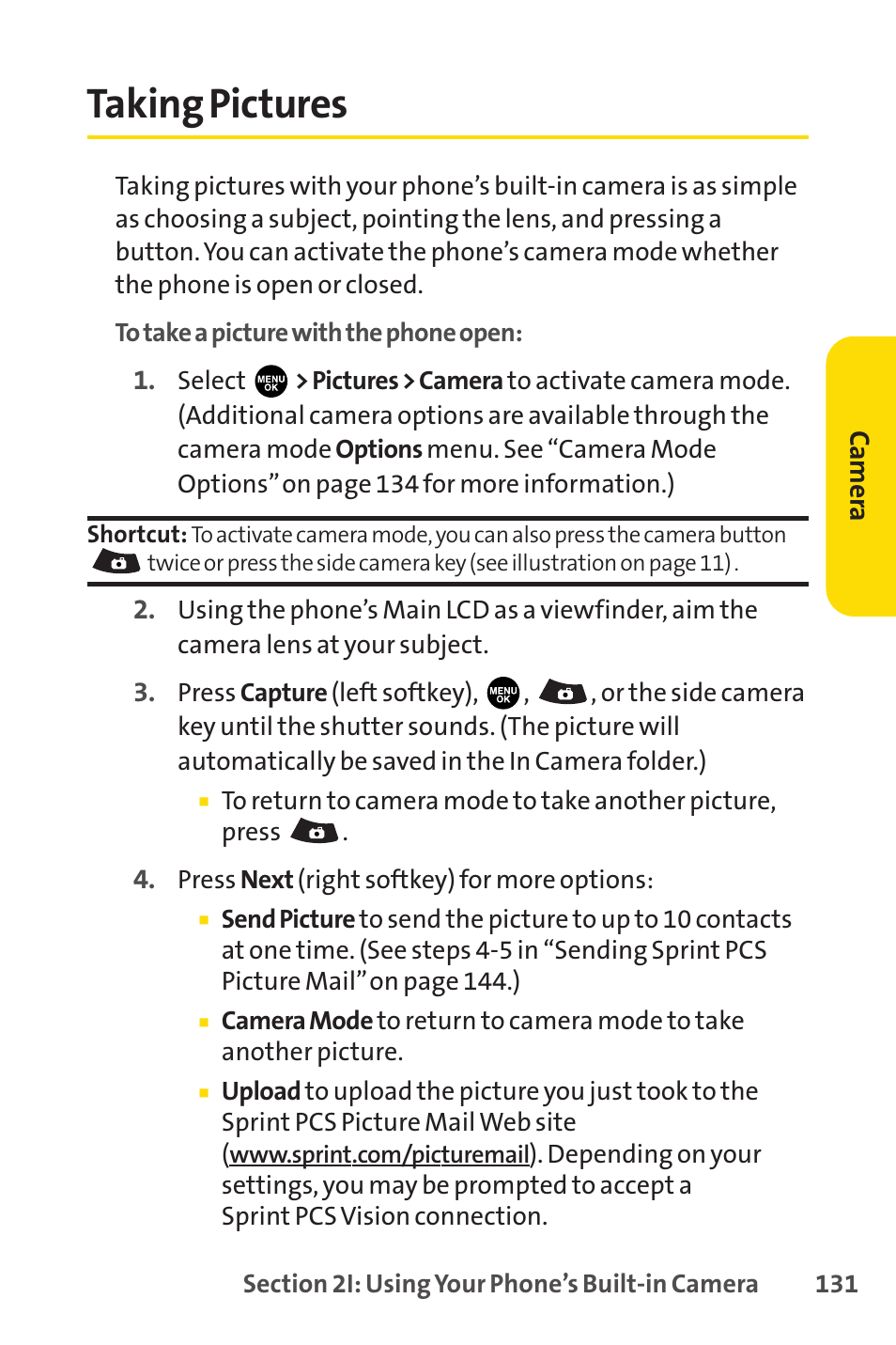 Taking pictures | Sprint Nextel PCSVISIONPHONE SCP-3100 User Manual | Page 147 / 270