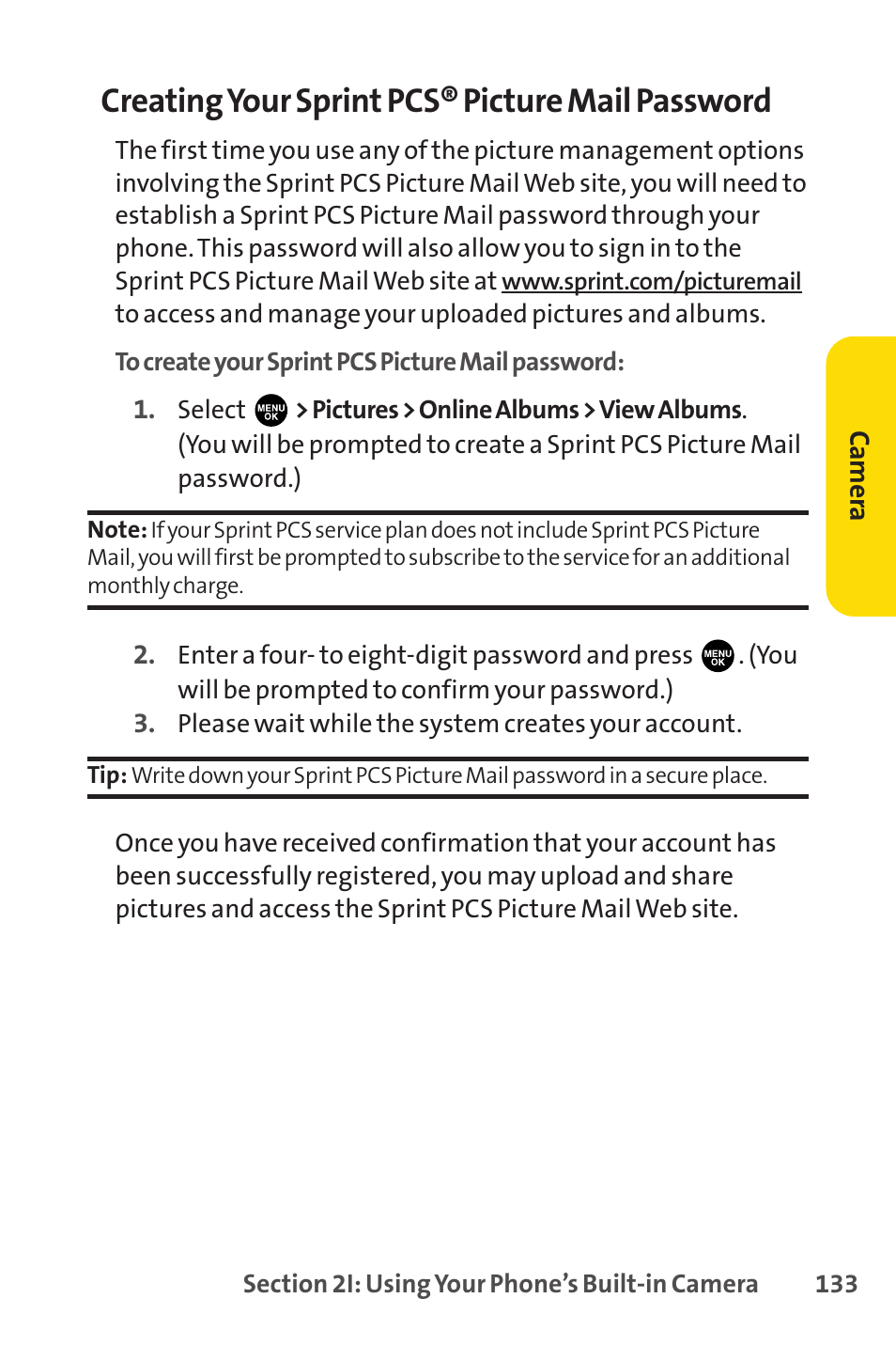 Creating your sprint pcs® picture mail password | Sprint Nextel PCSVISIONPHONE SCP-3100 User Manual | Page 149 / 270