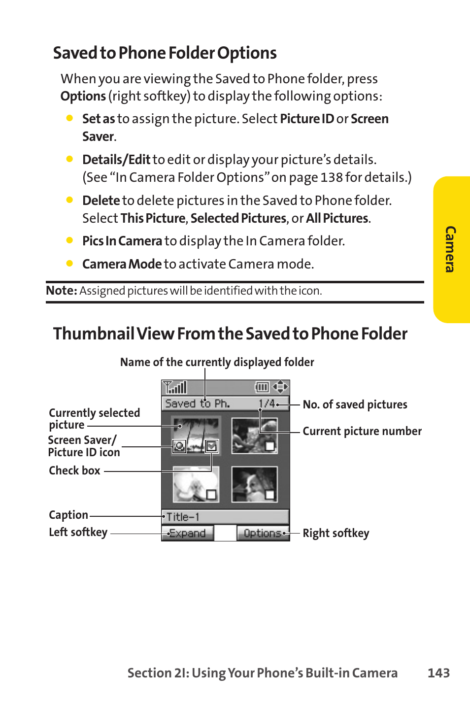 Saved to phone folder options, Thumbnail view from the saved to phone folder, Camer a | Sprint Nextel PCSVISIONPHONE SCP-3100 User Manual | Page 159 / 270