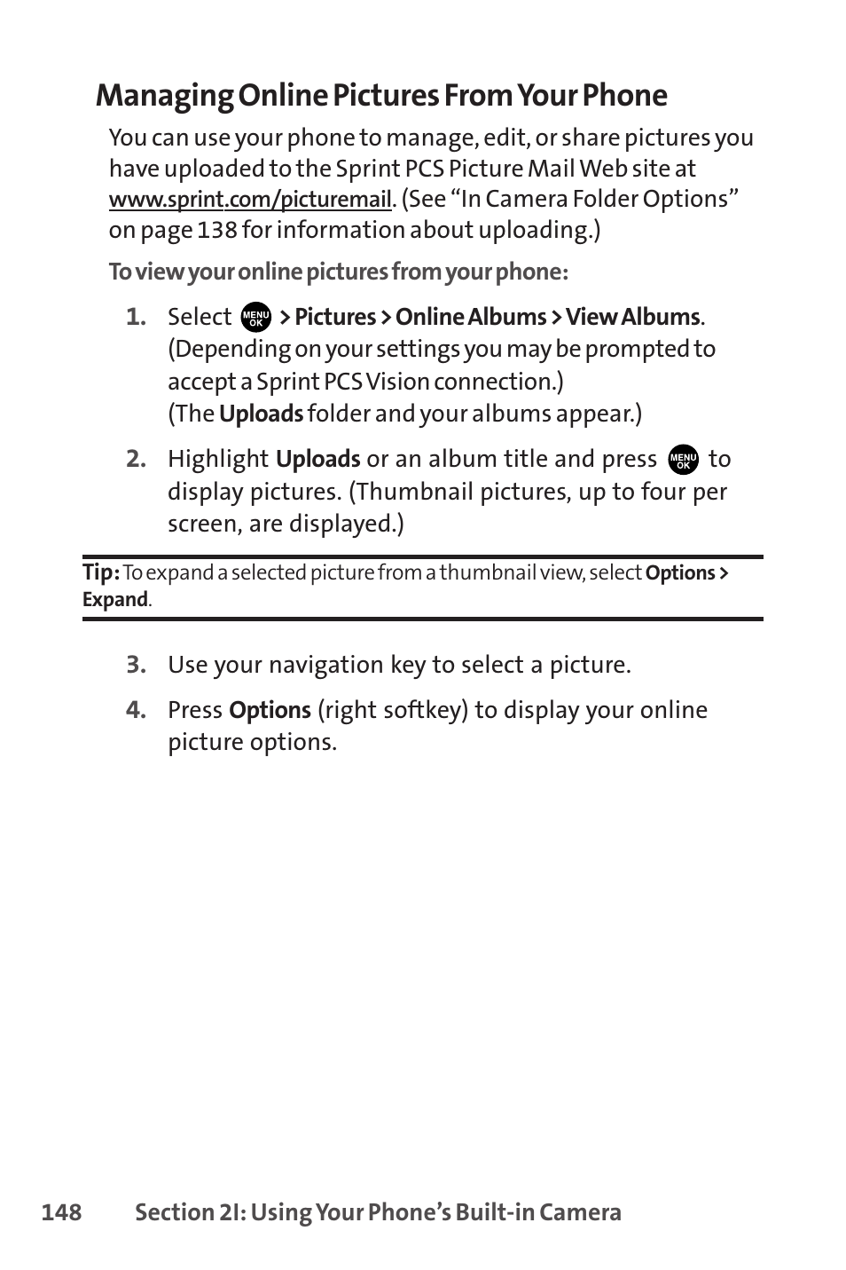 Managing online pictures from your phone | Sprint Nextel PCSVISIONPHONE SCP-3100 User Manual | Page 164 / 270