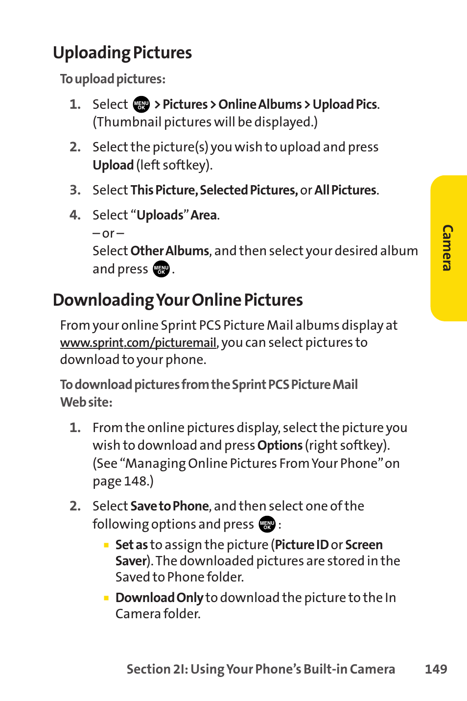 Uploading pictures, Downloadingyour online pictures | Sprint Nextel PCSVISIONPHONE SCP-3100 User Manual | Page 165 / 270