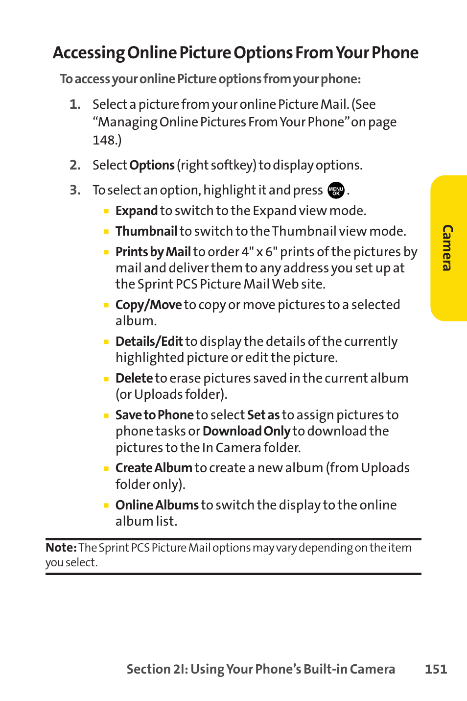 Accessing online picture options from your phone, Camer a | Sprint Nextel PCSVISIONPHONE SCP-3100 User Manual | Page 167 / 270