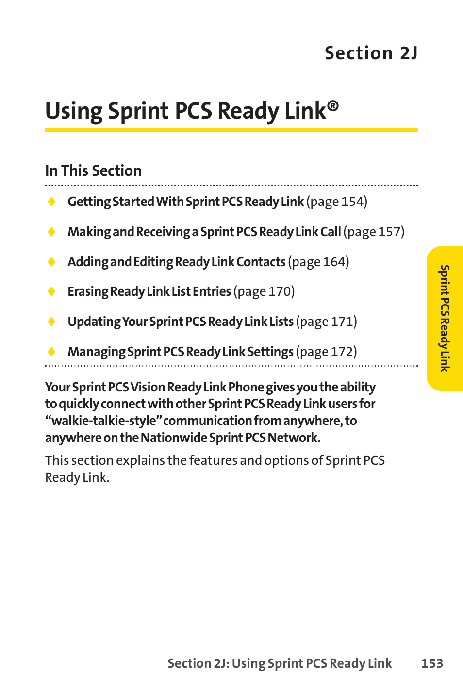 2j. using sprint pcs ready link, Using sprint pcs ready link | Sprint Nextel PCSVISIONPHONE SCP-3100 User Manual | Page 169 / 270