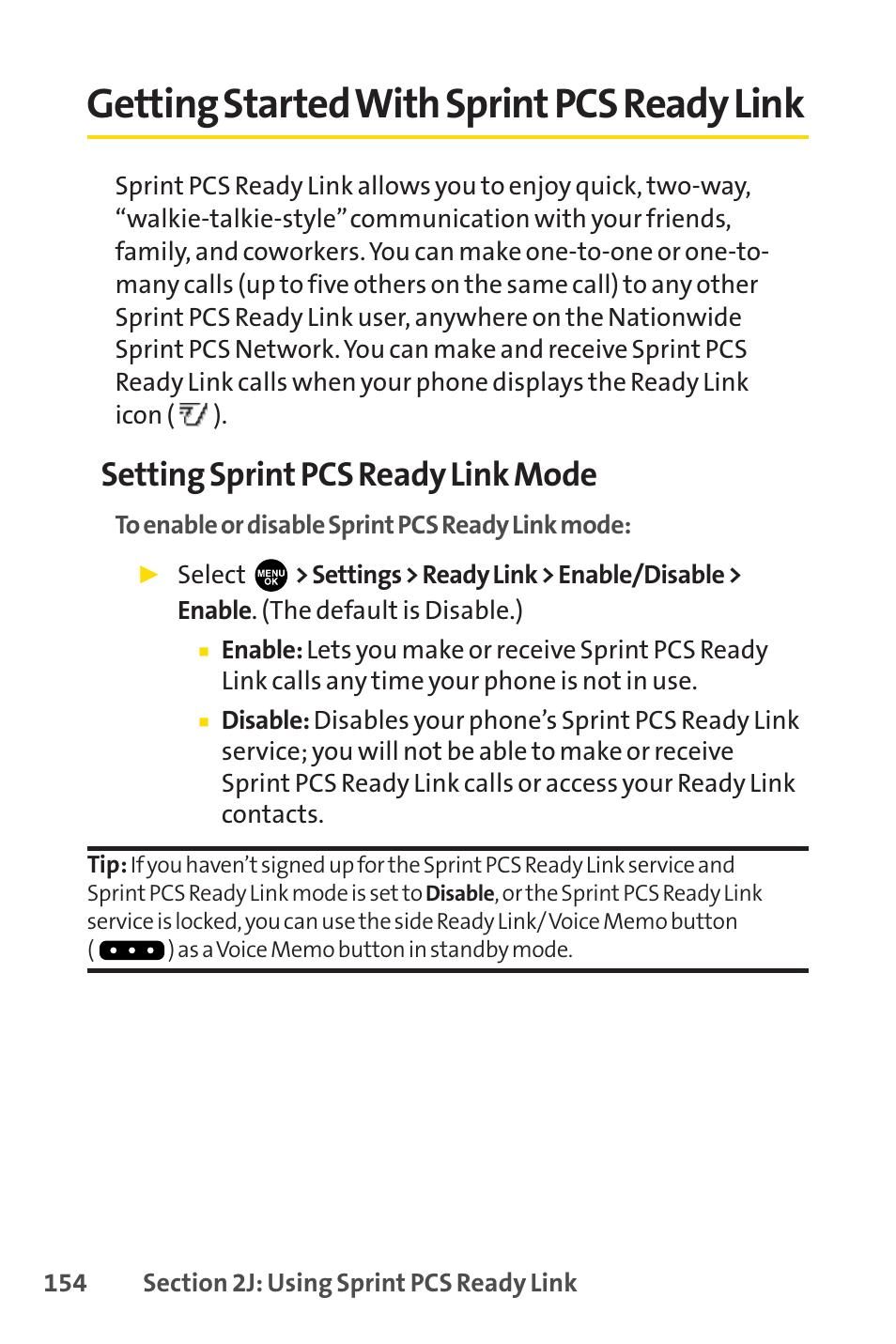 Getting started with sprint pcs ready link, Disable, Setting sprint pcs ready link mode | Sprint Nextel PCSVISIONPHONE SCP-3100 User Manual | Page 170 / 270