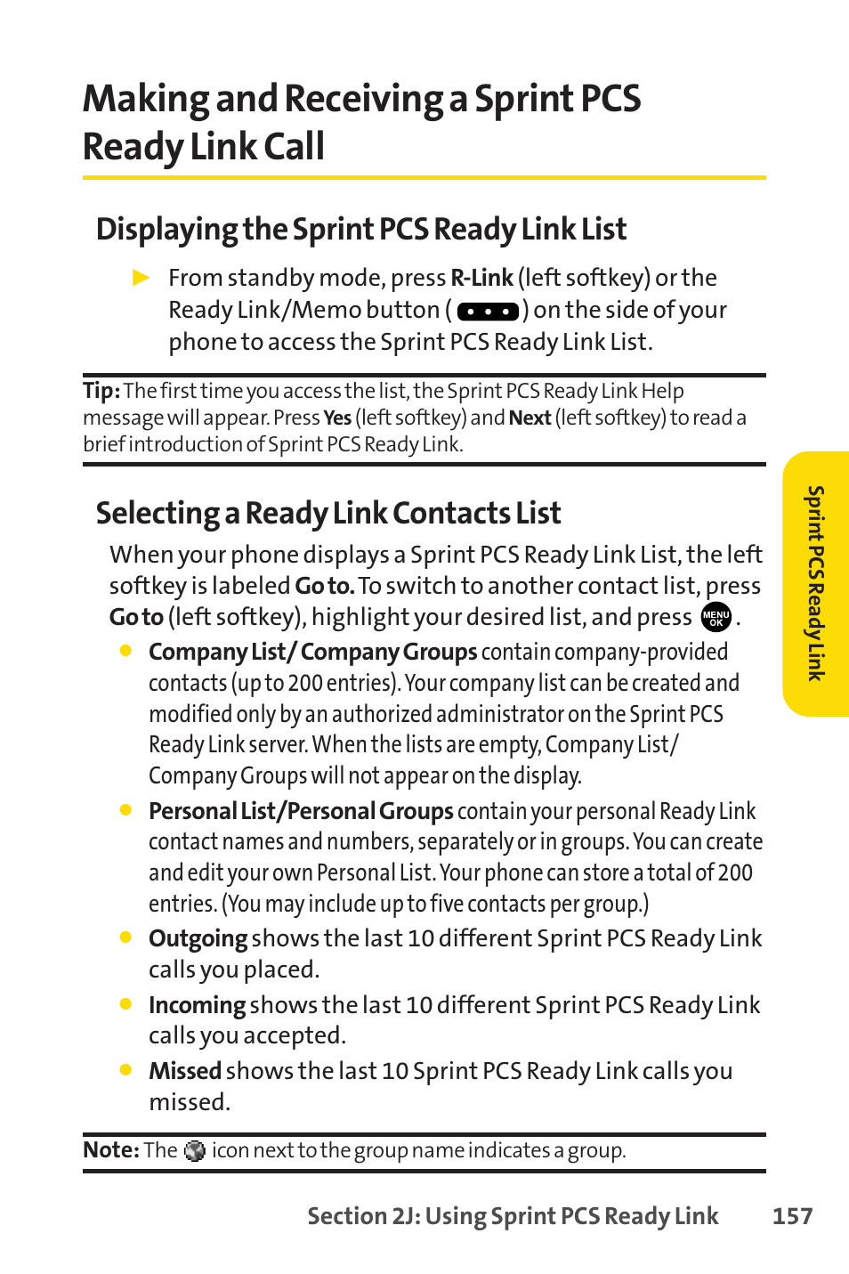 Making and receiving a sprint pcs ready link call, Displaying the sprint pcs ready link list, Selecting a ready link contacts list | Sprint Nextel PCSVISIONPHONE SCP-3100 User Manual | Page 173 / 270