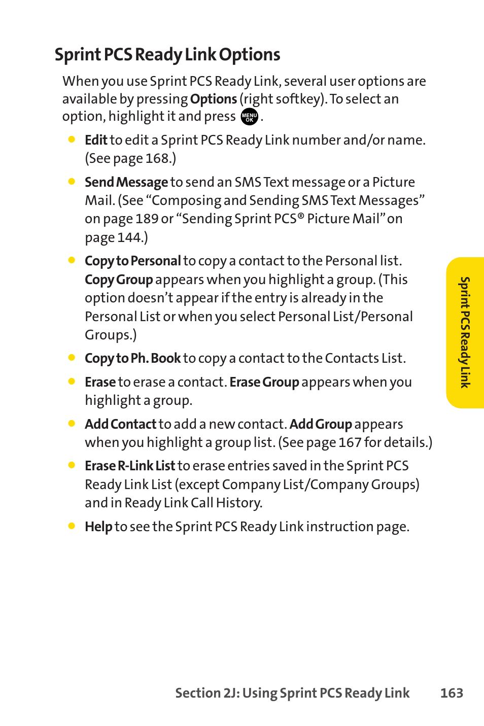 Sprint pcs ready link options | Sprint Nextel PCSVISIONPHONE SCP-3100 User Manual | Page 179 / 270