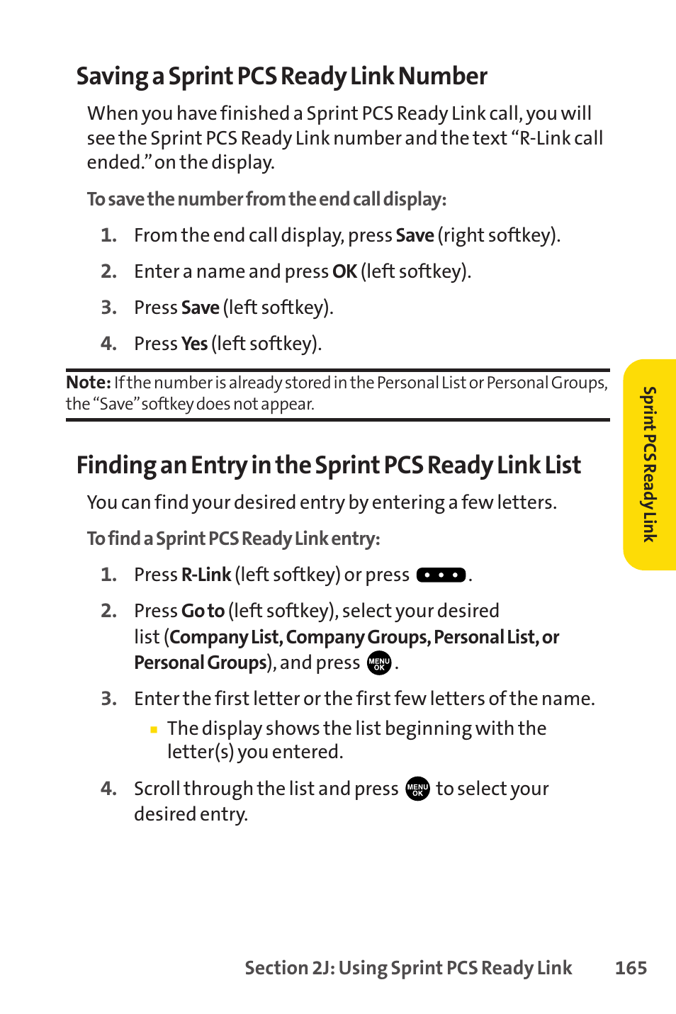 Saving a sprint pcs ready link number, Finding an entry in the sprint pcs ready link list | Sprint Nextel PCSVISIONPHONE SCP-3100 User Manual | Page 181 / 270
