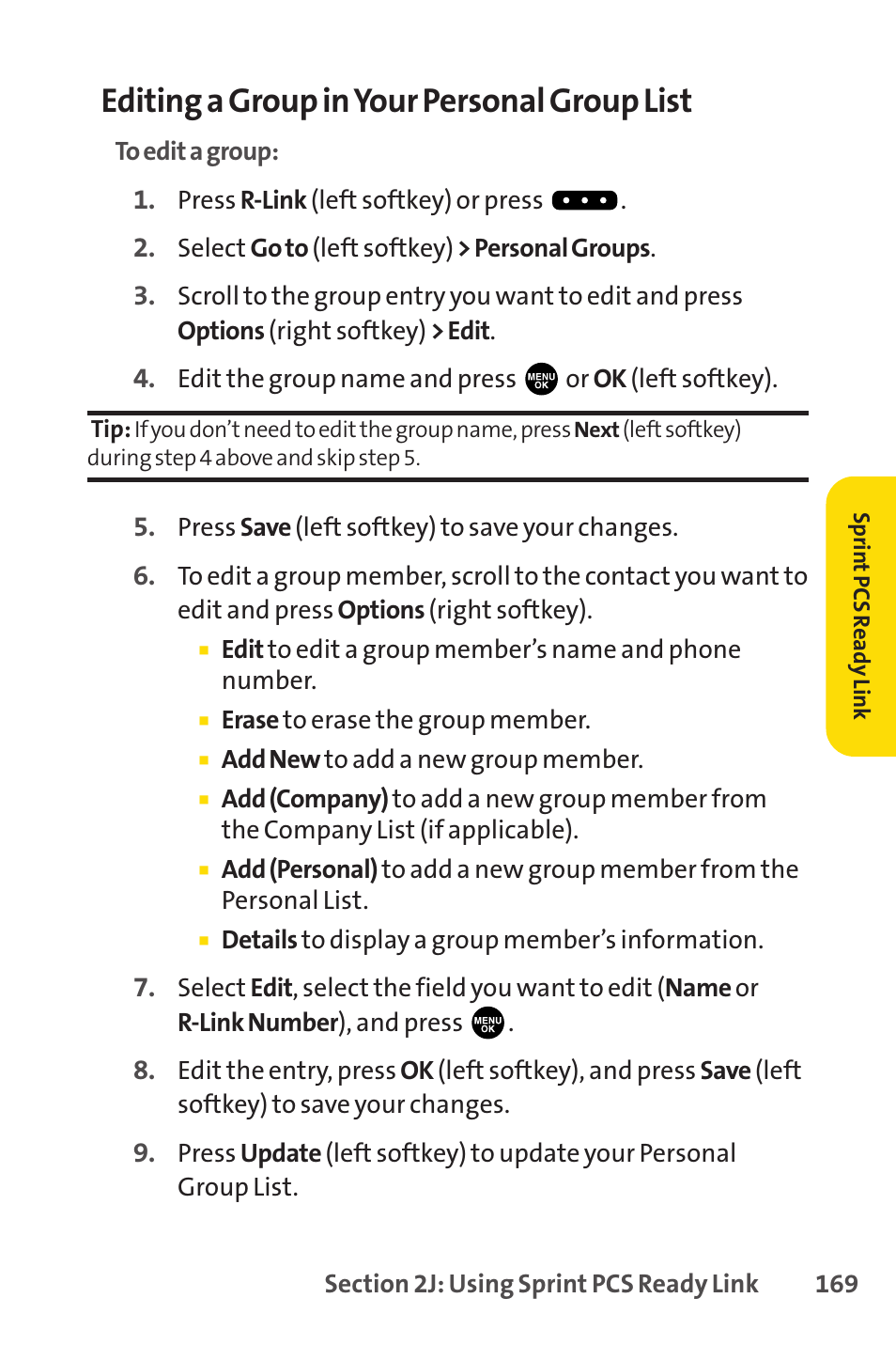 Editing a group in your personal group list | Sprint Nextel PCSVISIONPHONE SCP-3100 User Manual | Page 185 / 270