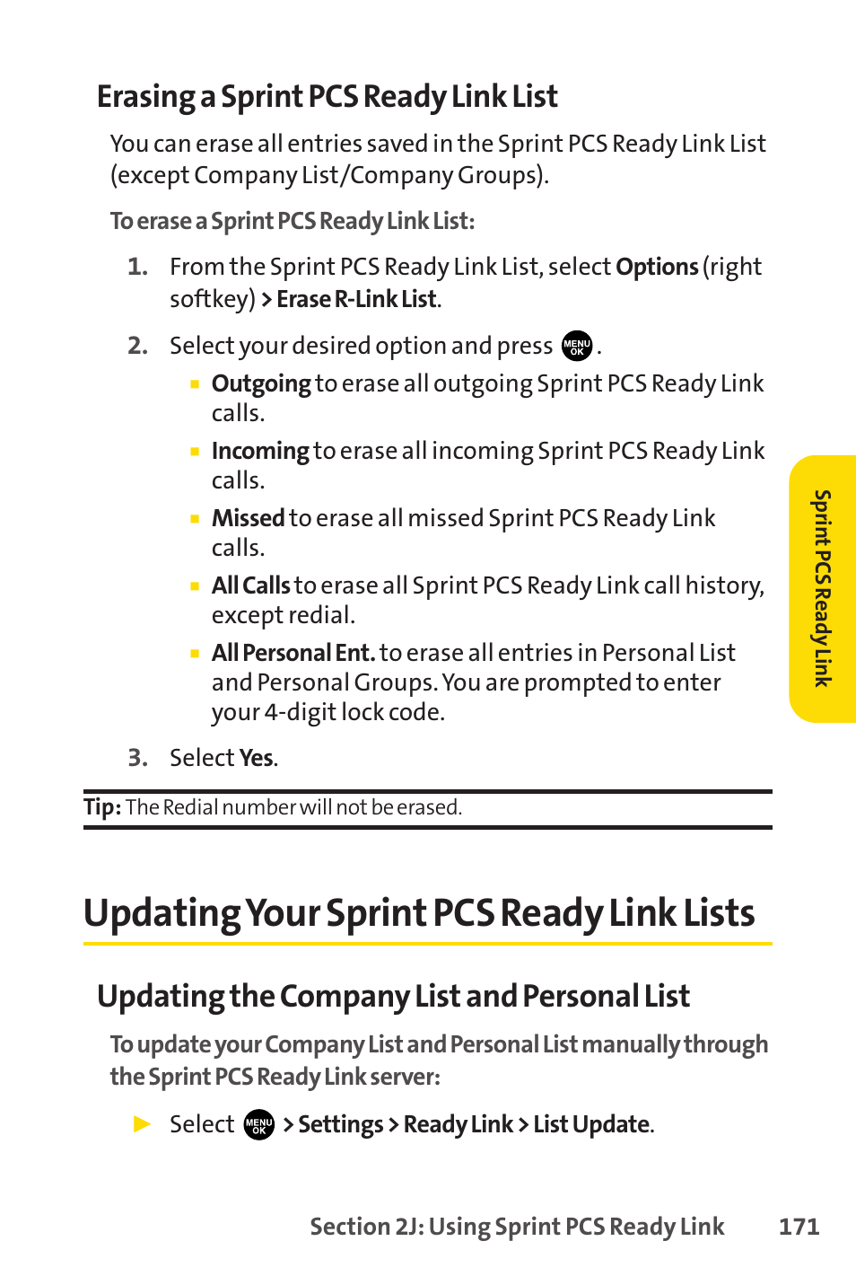 Updating your sprint pcs ready link lists, Updatingyour sprint pcs ready link lists, Erasing a sprint pcs ready link list | Updating the company list and personal list | Sprint Nextel PCSVISIONPHONE SCP-3100 User Manual | Page 187 / 270
