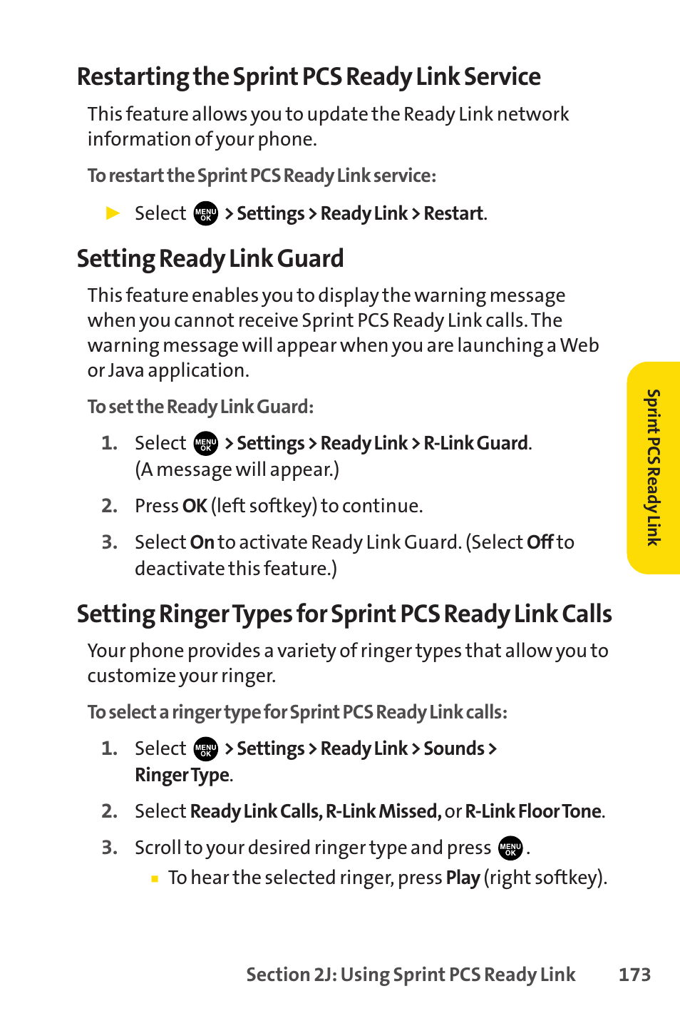 Restarting the sprint pcs ready link service, Setting ready link guard | Sprint Nextel PCSVISIONPHONE SCP-3100 User Manual | Page 189 / 270