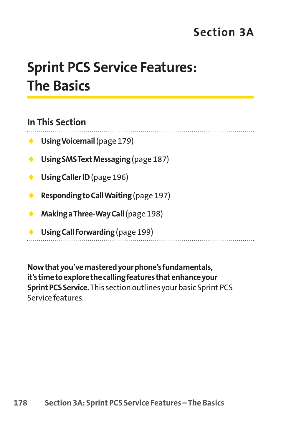 3a. sprint pcs service features: the basics, Sprint pcs service features: the basics | Sprint Nextel PCSVISIONPHONE SCP-3100 User Manual | Page 194 / 270