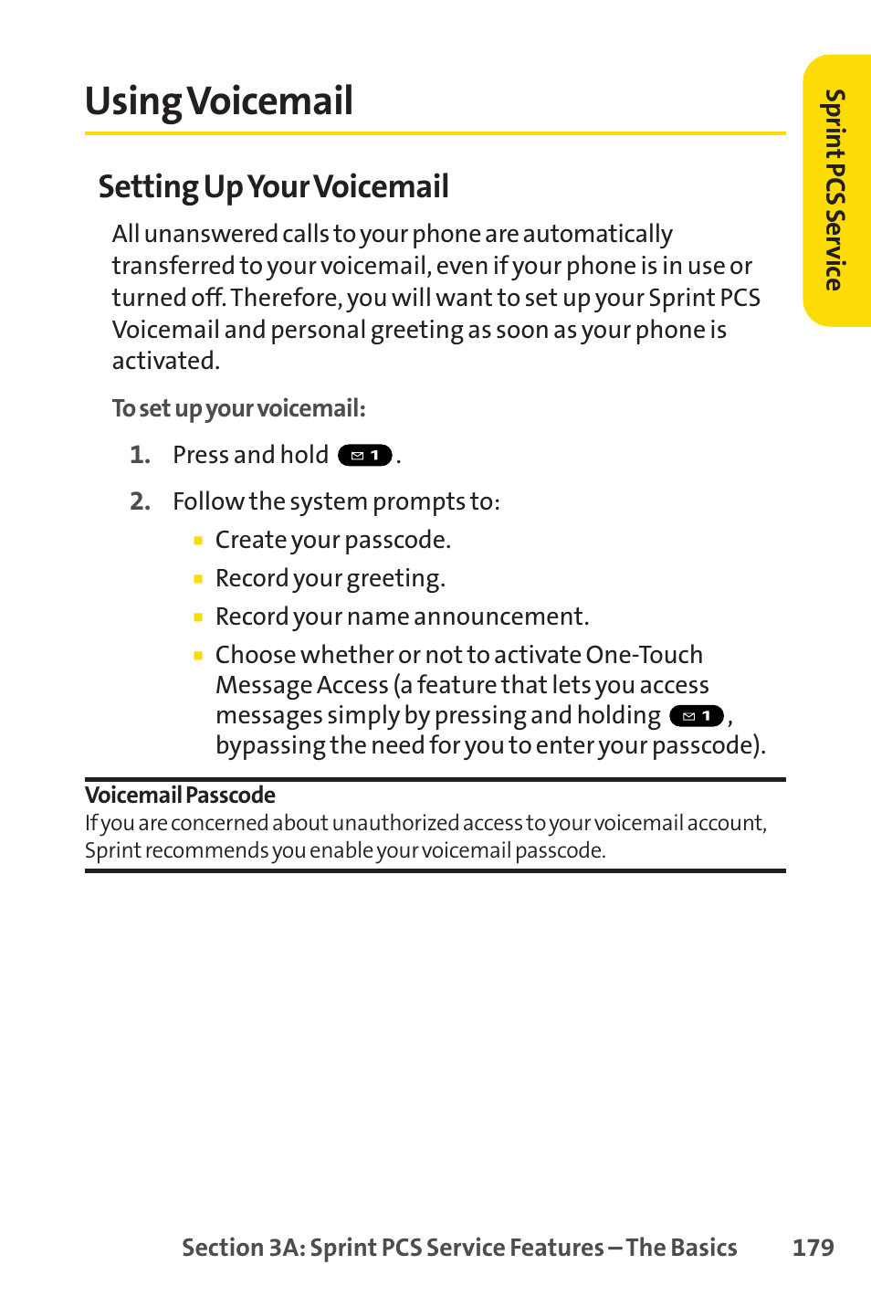 Using voicemail, Setting upyour voicemail | Sprint Nextel PCSVISIONPHONE SCP-3100 User Manual | Page 195 / 270
