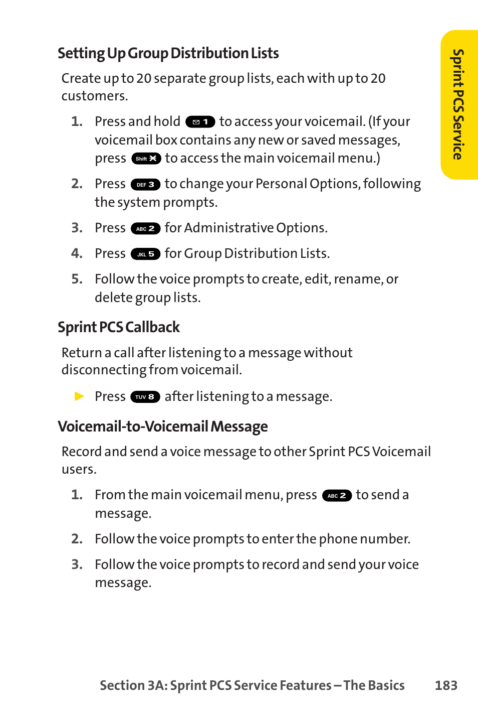 Setting up group distribution lists, Sprint pcs callback, Voicemail-to-voicemail message | Sprin t pcs ser vice | Sprint Nextel PCSVISIONPHONE SCP-3100 User Manual | Page 199 / 270