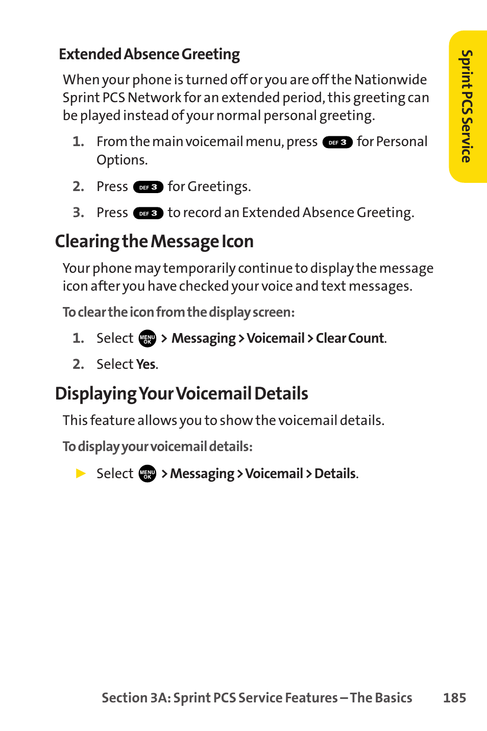 Clearing the message icon, Displaying your voicemail details, Extended absence greeting | Sprint Nextel PCSVISIONPHONE SCP-3100 User Manual | Page 201 / 270