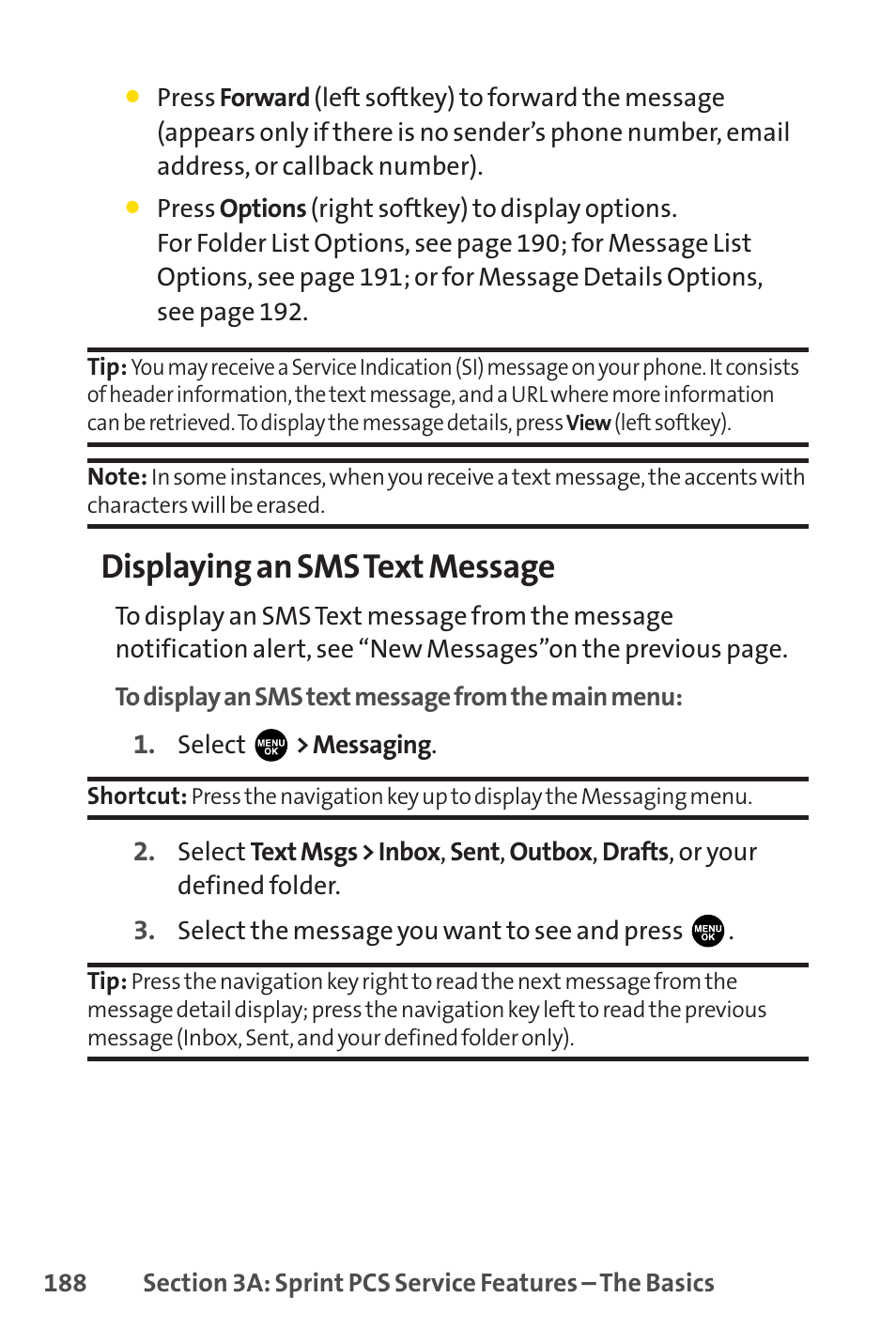 Displaying an sms text message | Sprint Nextel PCSVISIONPHONE SCP-3100 User Manual | Page 204 / 270