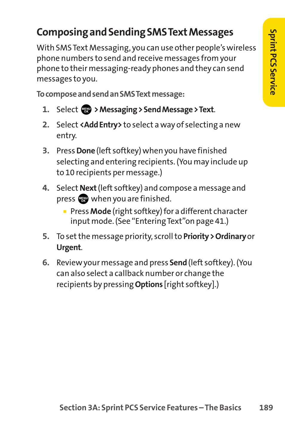 189 or “sending sprin, Composing and sending sms text messages | Sprint Nextel PCSVISIONPHONE SCP-3100 User Manual | Page 205 / 270
