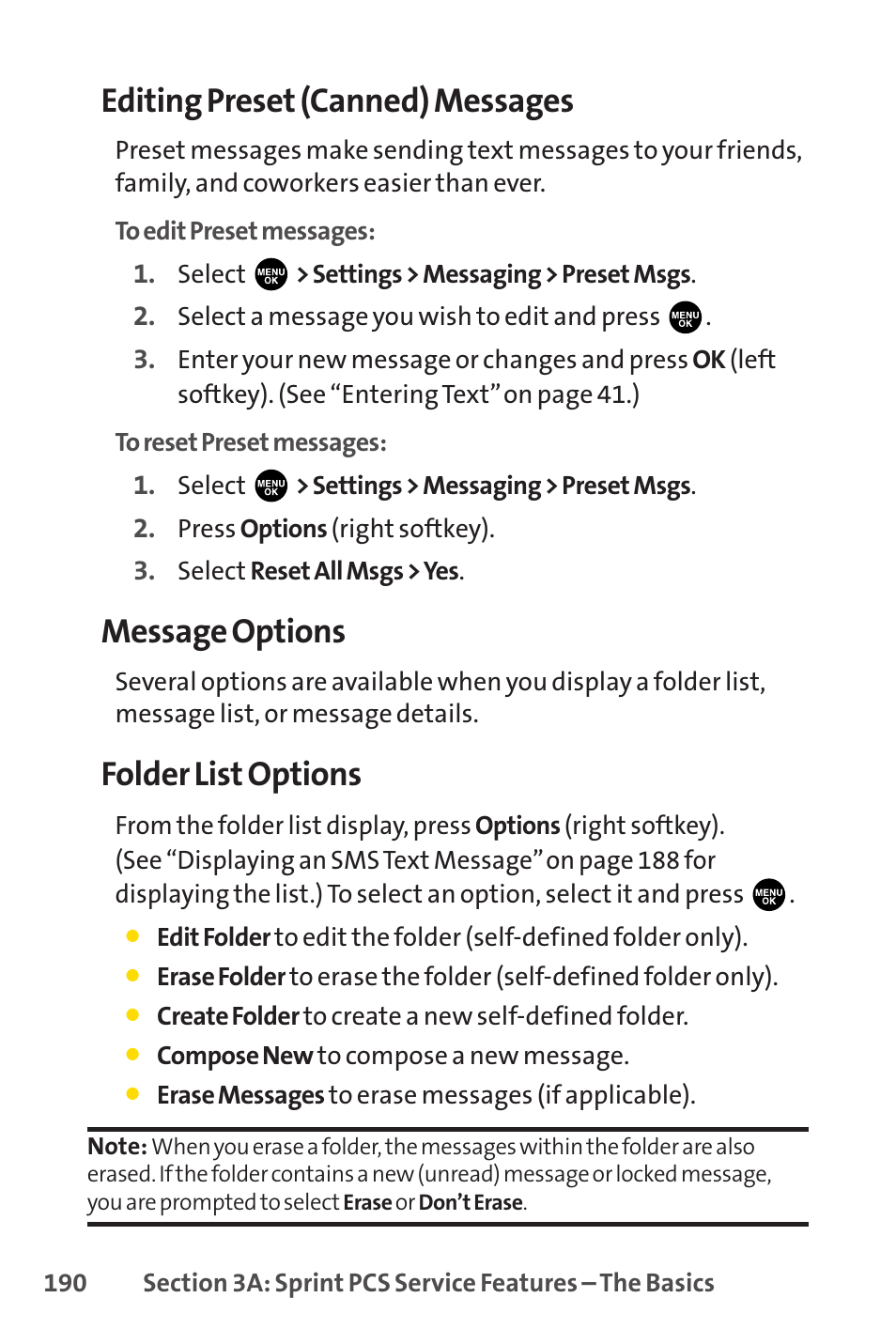 Editing preset (canned) messages, Message options, Folder list options | Sprint Nextel PCSVISIONPHONE SCP-3100 User Manual | Page 206 / 270