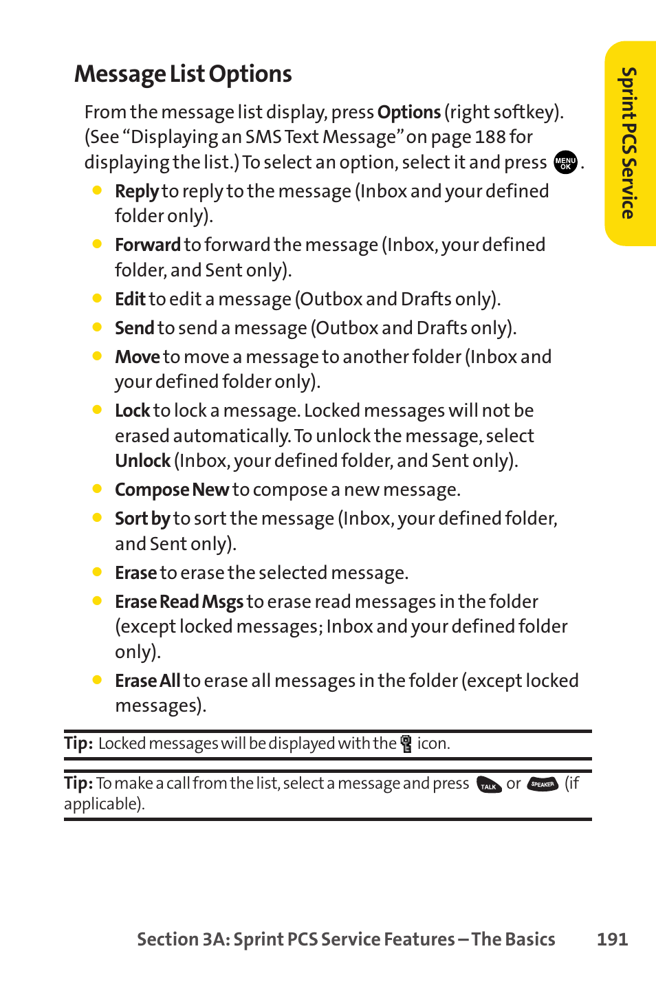 Message list options, Sprin t pcs ser vice | Sprint Nextel PCSVISIONPHONE SCP-3100 User Manual | Page 207 / 270