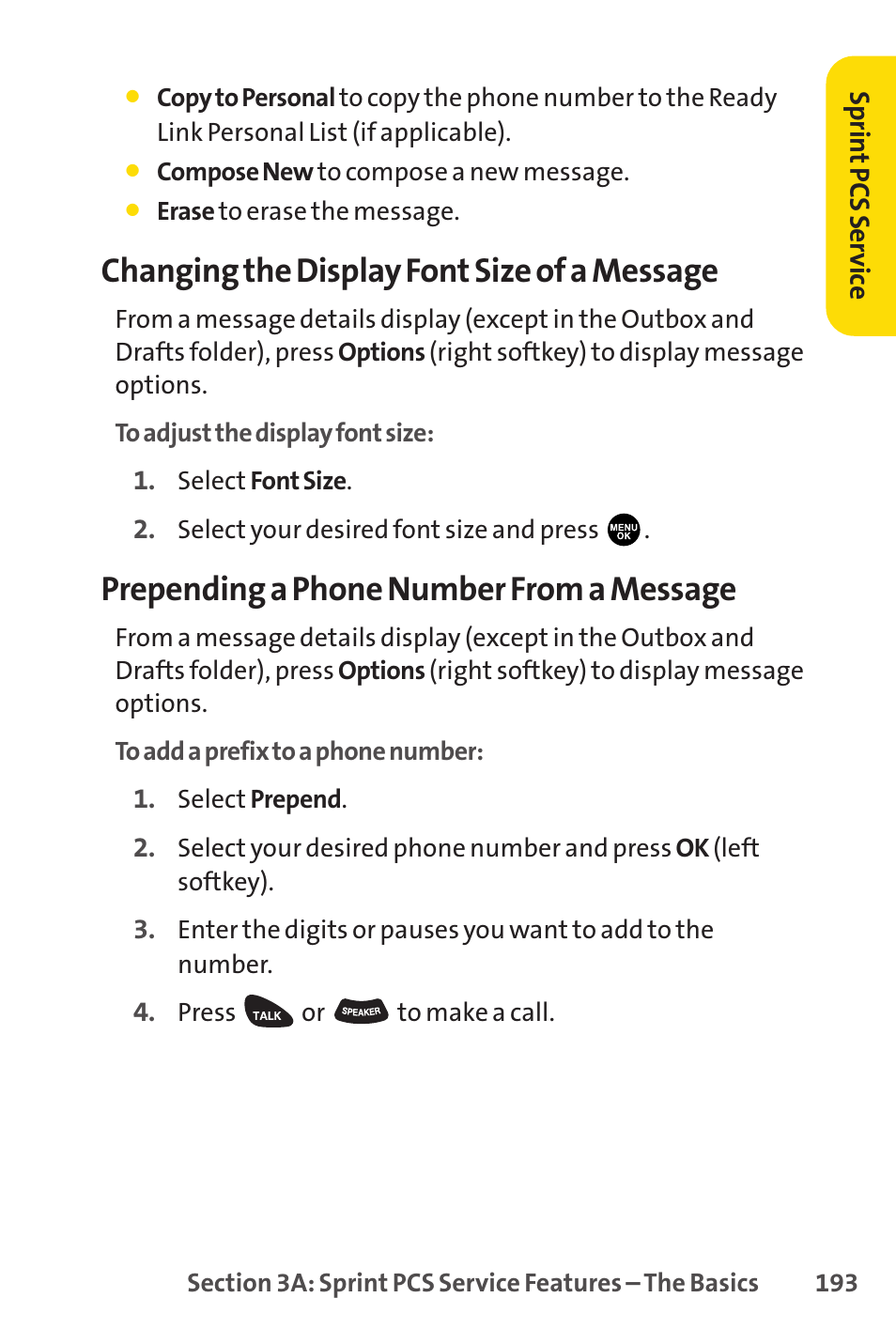 Changing the display font size of a message, Prepending a phone number from a message | Sprint Nextel PCSVISIONPHONE SCP-3100 User Manual | Page 209 / 270
