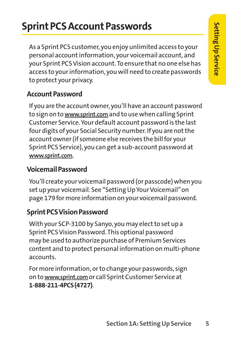 Sprint pcs account passwords | Sprint Nextel PCSVISIONPHONE SCP-3100 User Manual | Page 21 / 270