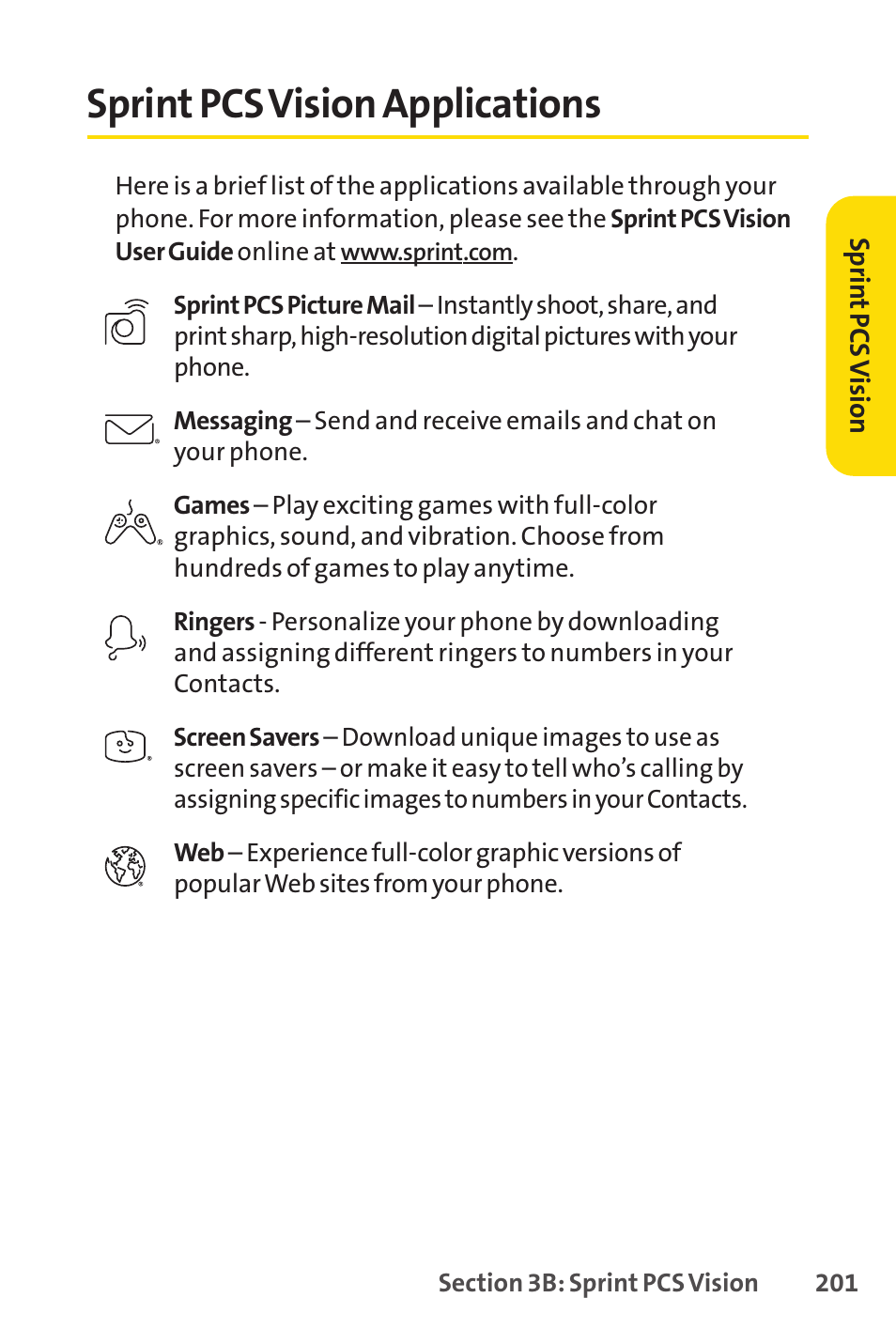 Sprint pcs vision applications | Sprint Nextel PCSVISIONPHONE SCP-3100 User Manual | Page 217 / 270