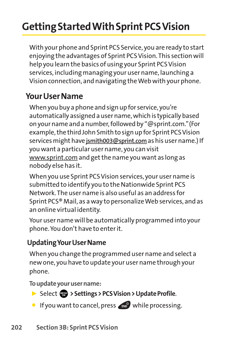 Getting started with sprint pcs vision, Your user name | Sprint Nextel PCSVISIONPHONE SCP-3100 User Manual | Page 218 / 270