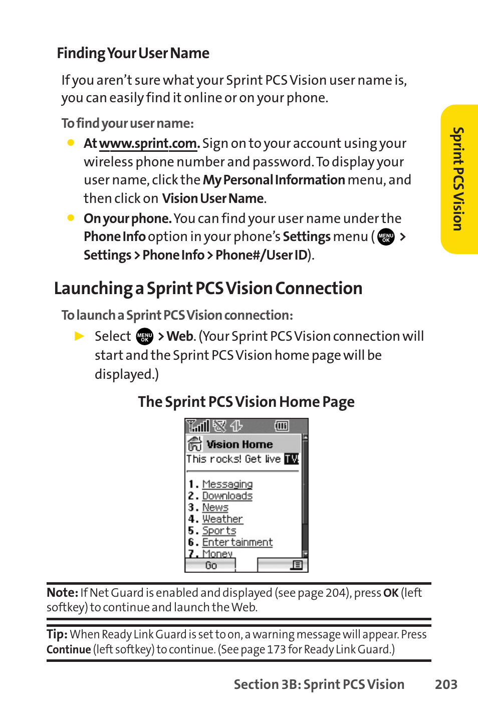 Launching a sprint pcs vision connection, Finding your user name, The sprint pcs vision home page | Sprint Nextel PCSVISIONPHONE SCP-3100 User Manual | Page 219 / 270
