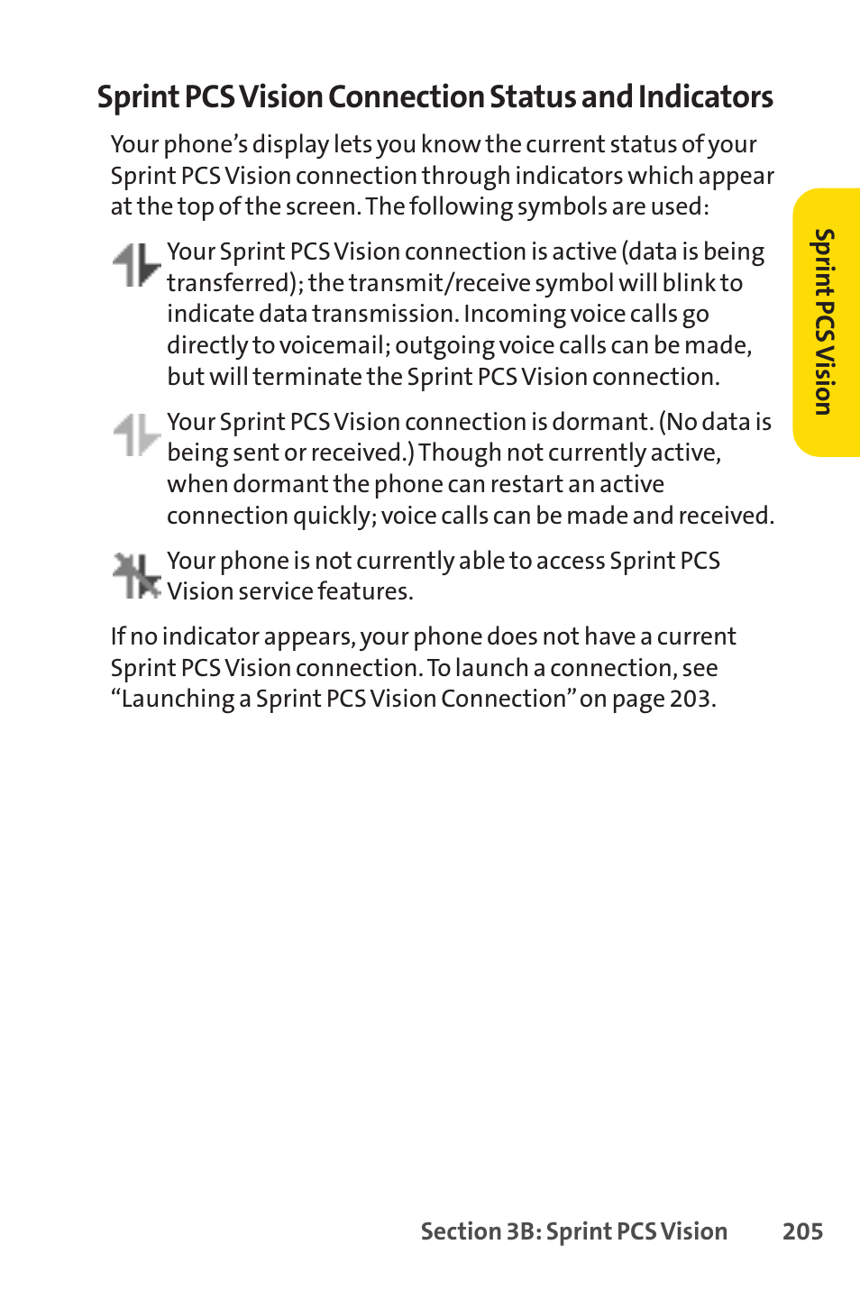 Sprint pcs vision connection status and indicators | Sprint Nextel PCSVISIONPHONE SCP-3100 User Manual | Page 221 / 270