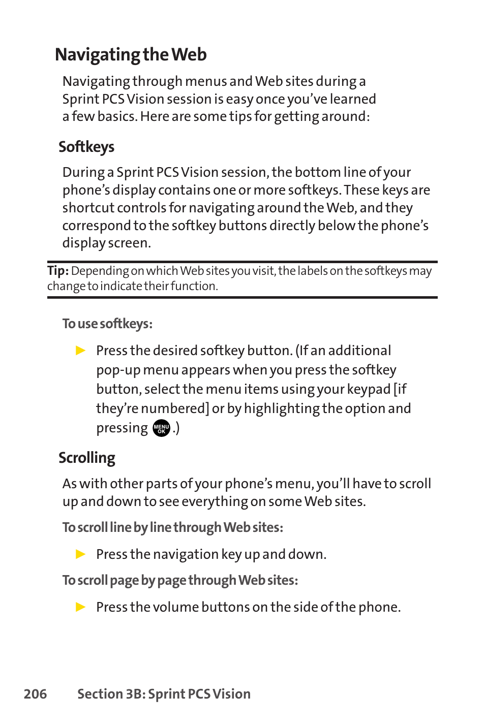 Navigating the web, Softkeys, Scrolling | Sprint Nextel PCSVISIONPHONE SCP-3100 User Manual | Page 222 / 270